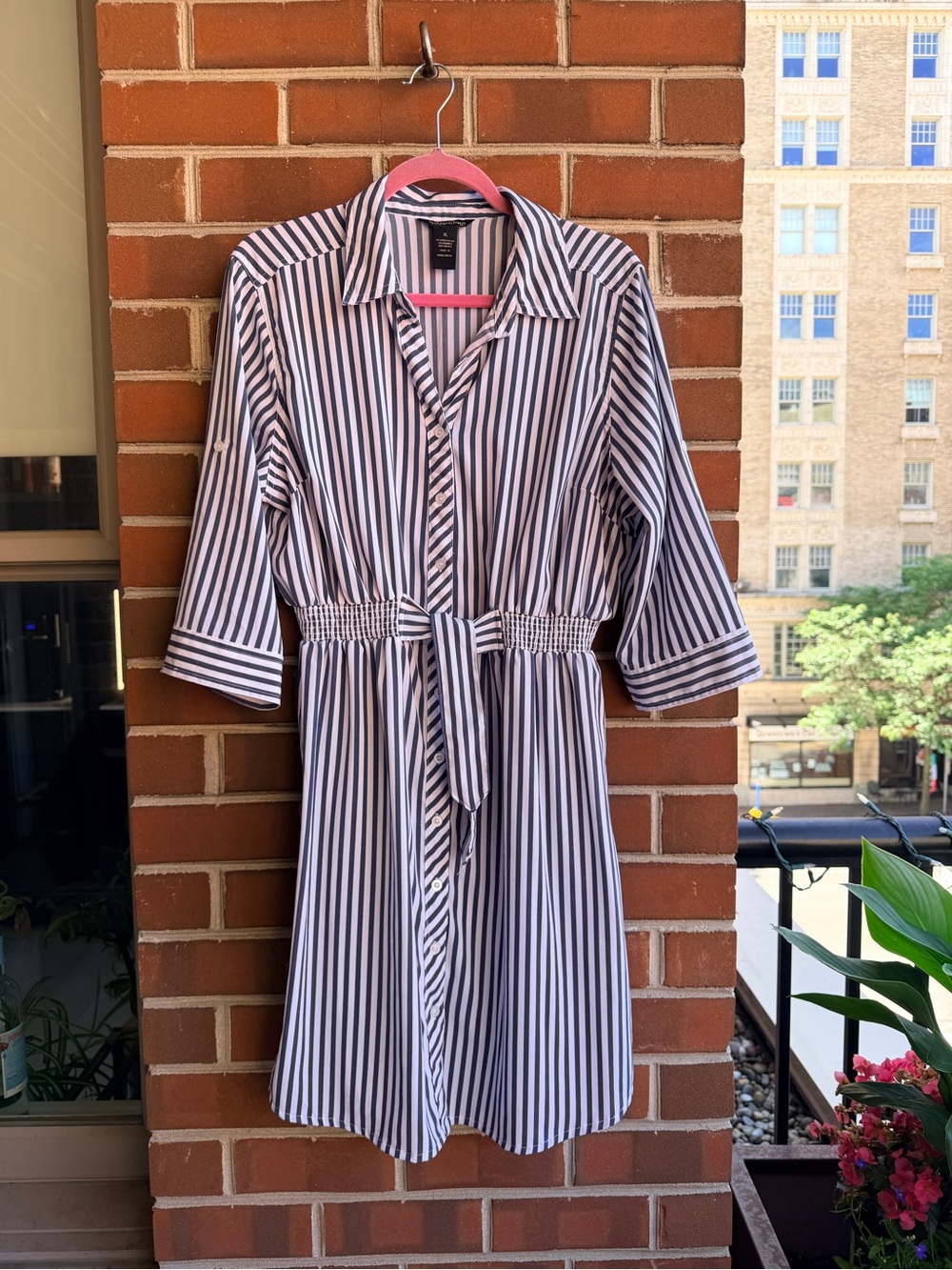 Women’s Striped Shirt Midi Dress with Tie Waist - Navy & White
